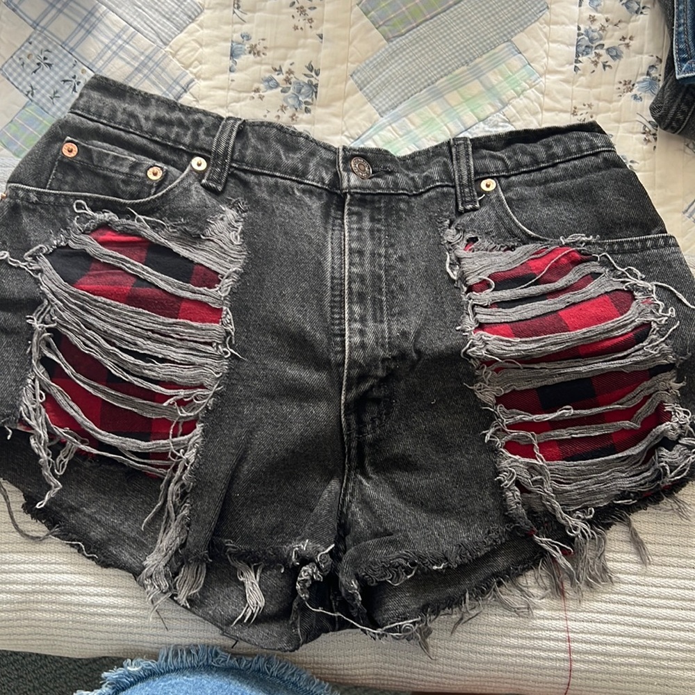 LF Furst of a Kind Vintage Grey Levi Jean Shorts with Red & Black Plaid. Fits 27
